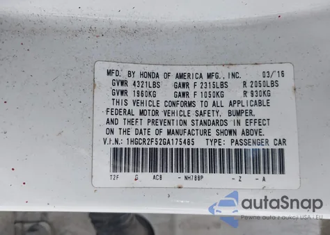 2016 Honda Accord Sport z USA, uszkodzony, nr VIN 1HGCR2F52GA175485